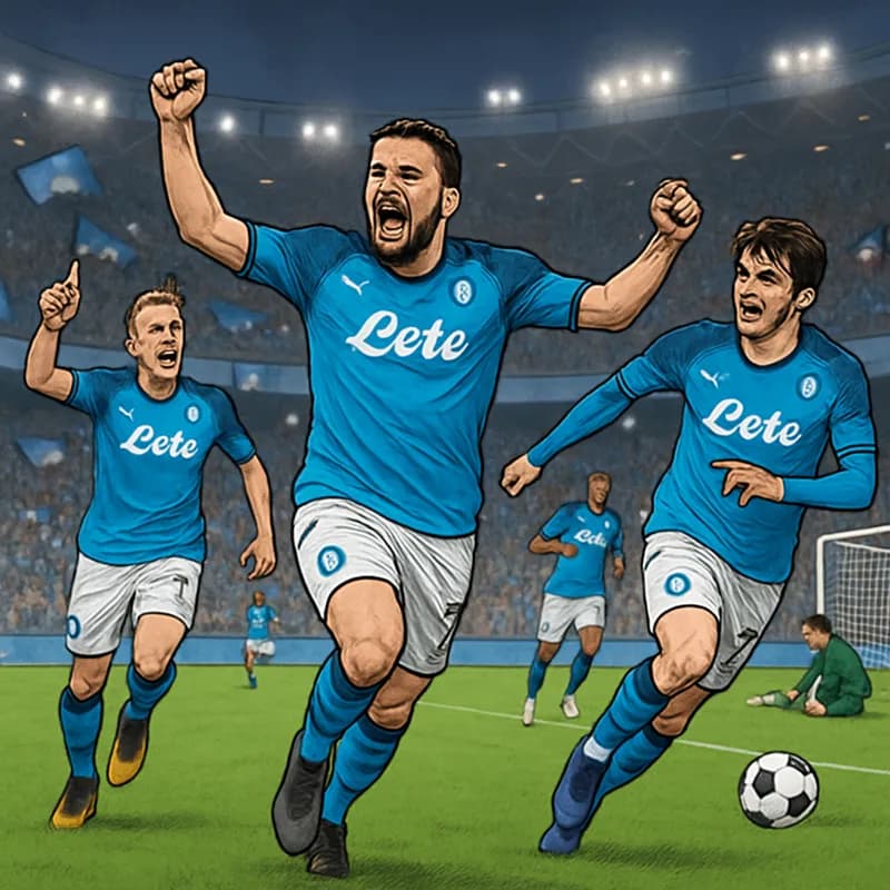 A vibrant stadium scene showing Napoli players in their blue home kits celebrating a goal, with fans in the stands waving flags, adding to the electric atmosphere. The green pitch is well-maintained, 