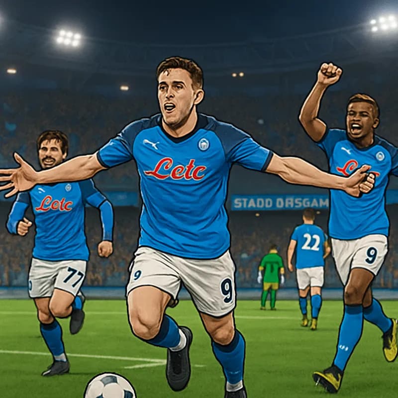 A vibrant scene at the Stadio Diego Armando Maradona, with Napoli players in their blue kits celebrating a goal. The crowd is electric, waving flags and banners, as the green pitch glistens under the 