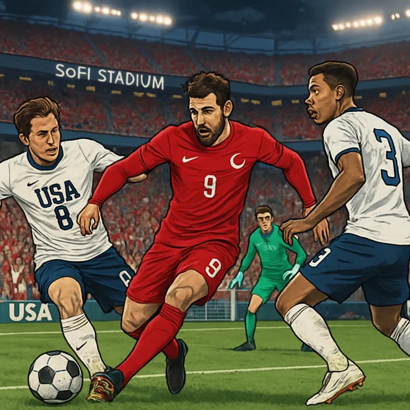 A vibrant scene from SoFi Stadium during the USA vs. Turkey match, with fans in red and white for Turkey celebrating a late goal. The stadium is buzzing with excitement, showcasing the intensity of Wo