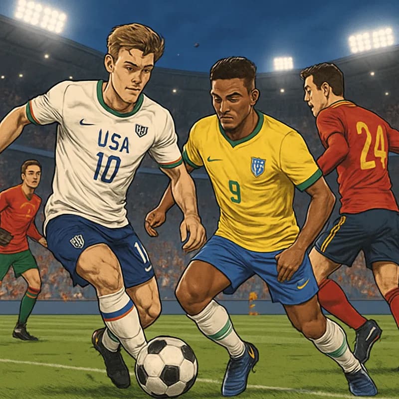 A vibrant soccer match scene during the World Cup 2026, showcasing players in national team kits. The atmosphere is electric, with fans cheering in the stands, flags waving, and a green pitch under br