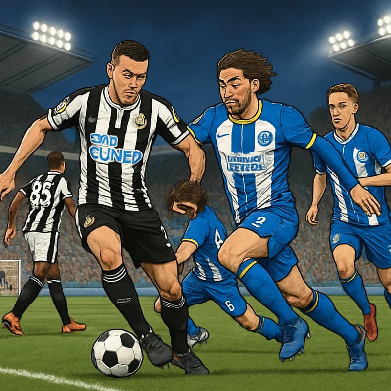 A vibrant scene at St James' Park during a matchday, with Newcastle players in their black and white striped jerseys and Brighton players in their blue and white kits. The stadium is filled with passi