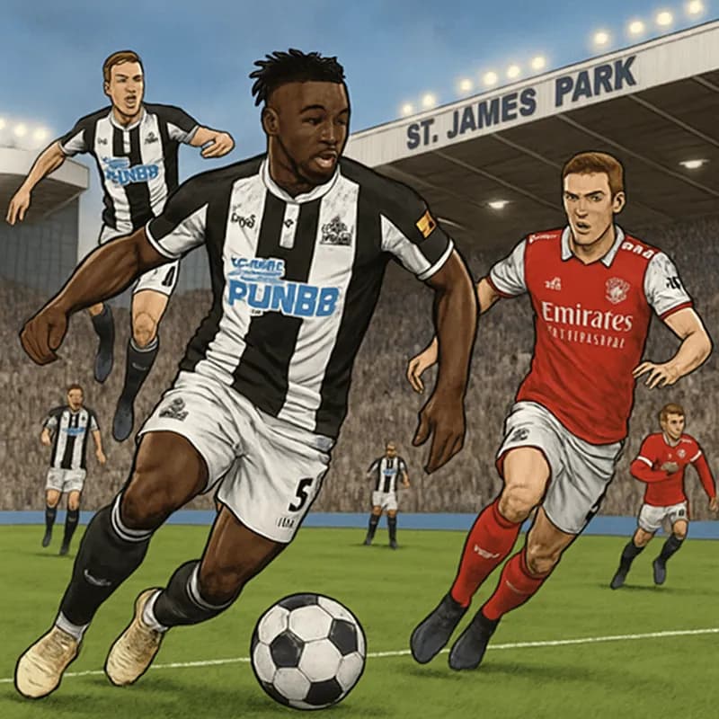 A vibrant scene at St. James' Park during a match, with Newcastle United players in their black and white striped kits, surrounded by a cheering crowd. The atmosphere is electric, capturing the excite