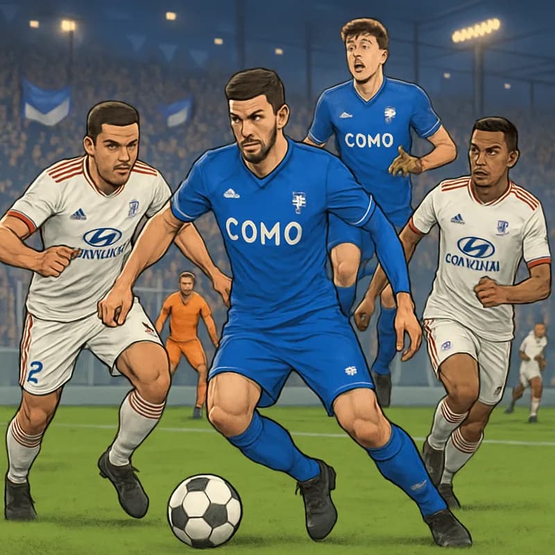 A vibrant soccer scene at Como's stadium, with players in blue and white jerseys. The atmosphere is electric, with fans cheering and waving flags, capturing the excitement of the summer transfer windo