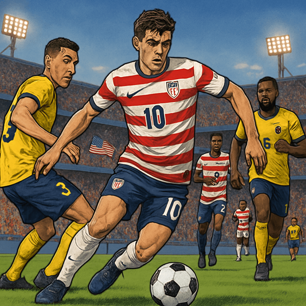 A vibrant scene at a packed stadium during a World Cup match, featuring players in Nike's 2026 World Cup jerseys. The U.S. team in their striped home kit, surrounded by enthusiastic fans waving flags.