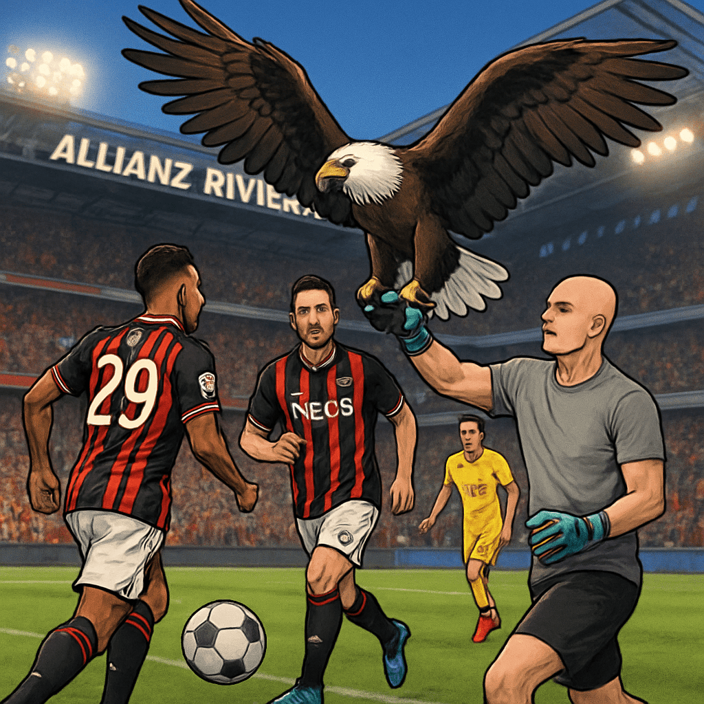 A vibrant scene at the Allianz Riviera, with fans dressed in OGC Nice's red and black kits, cheering as Mefi the eagle prepares for her flight. The stadium is alive with excitement, and the green pitc