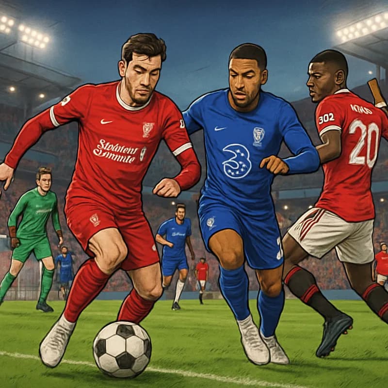 A bustling stadium atmosphere at a European football match, with fans in vibrant jerseys celebrating. The pitch is lush and green, with a ball in play, capturing the excitement of the game.