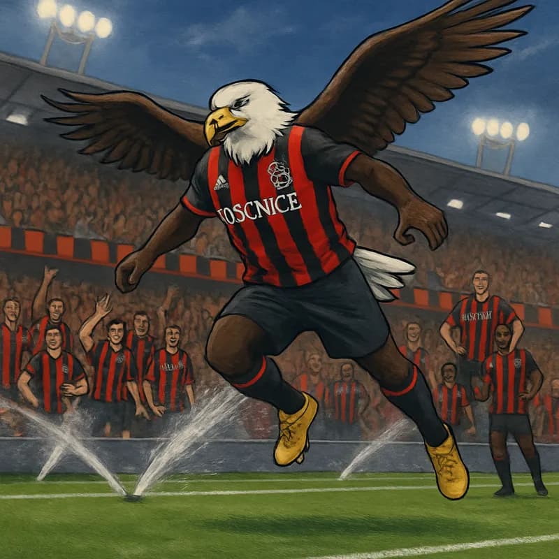 A lively football stadium atmosphere with fans in OGC Nice's red and black striped jerseys, cheering as the eagle mascot Mefi takes flight above the pitch, with sprinklers misting the grass below.