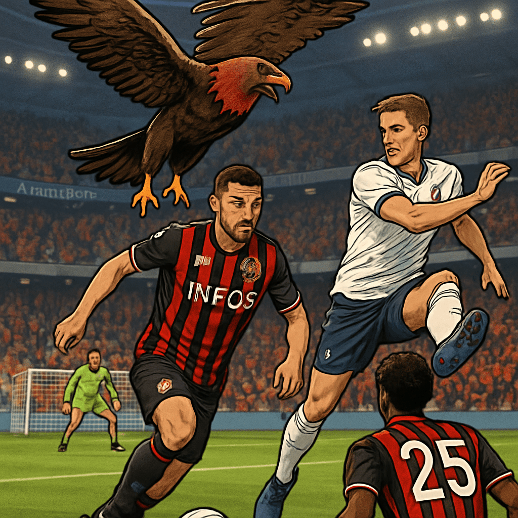 A vibrant scene at the Allianz Riviera, with the OGC Nice eagle mascot, Mefi, soaring above the pitch as fans in red and black jerseys cheer. The stadium is alive with excitement, green grass glisteni