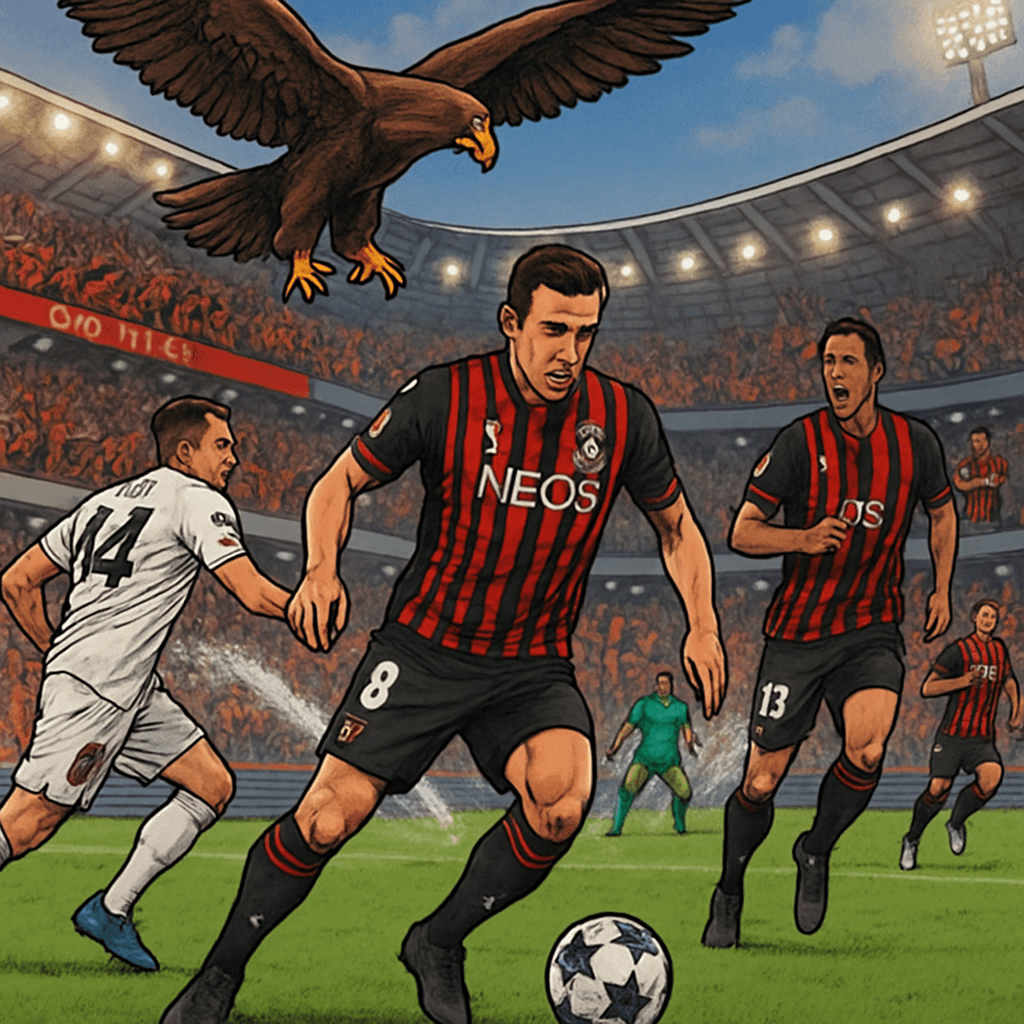 A vibrant scene at the Allianz Riviera with Mefi the eagle soaring above the pitch, fans in OGC Nice's red and black jerseys cheering, and the stadium filled with a lively atmosphere as sprinklers spr