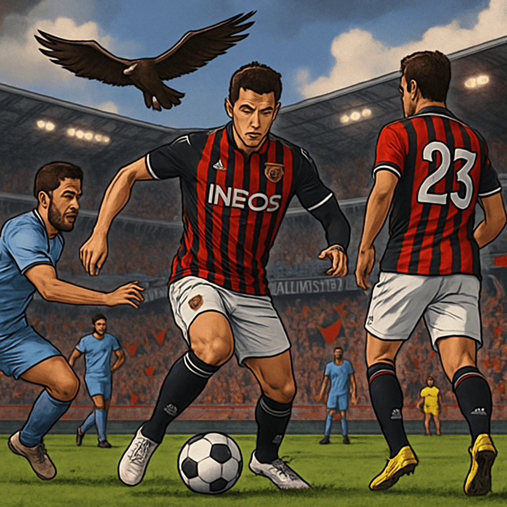 A vibrant scene at Allianz Riviera during a match, with fans in OGC Nice's red and black striped jerseys, a dramatic eagle soaring above, and a lively atmosphere filled with excitement and anticipatio