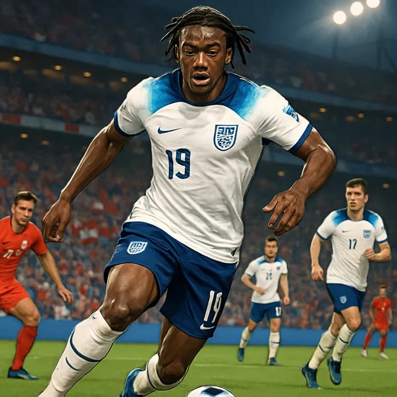 A vibrant scene of Noni Madueke in an England jersey, showcasing his skills on the pitch during the World Cup. The stadium is packed with enthusiastic fans, waving flags and cheering, creating an elec