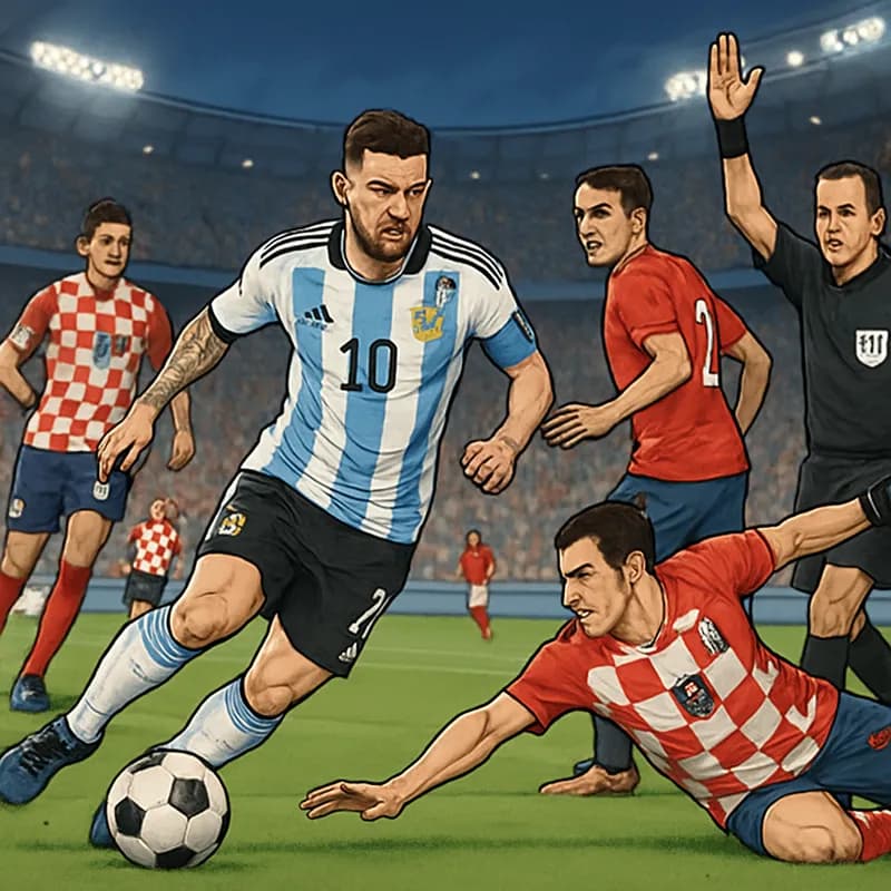 A scene depicting an intense World Cup match atmosphere, with players in vibrant national team kits, a packed stadium cheering passionately, and a referee making a critical decision on the pitch.