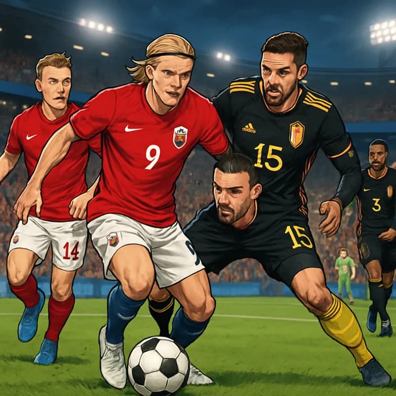 A bustling stadium scene during a World Cup match, featuring players in vibrant kits. Norway in red and white, Belgium in their traditional black and yellow, with fans cheering passionately in the sta