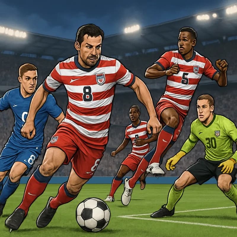 A dramatic scene at a World Cup match featuring the USA in their red and white striped kits, with fans cheering in a packed stadium. The atmosphere is electric, with a focus on the ball in play and pl