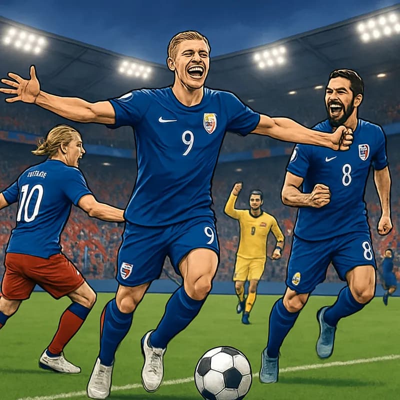 A vibrant soccer scene featuring Norway's national team in their blue and red kits, celebrating on the green pitch of a packed stadium, with fans waving flags and creating an electric atmosphere.