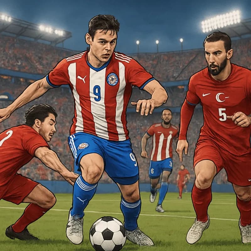 A tense scene in the San Francisco Bay Area Stadium during the Paraguay vs. Turkey match, with players in Paraguay's red and white striped jerseys and Turkey's red kits battling for the ball. The crow