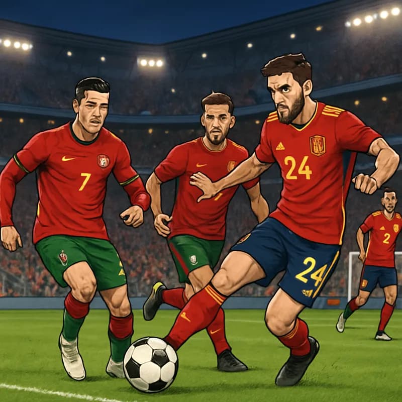 A tense moment during the Portugal vs. Spain match at Dallas Stadium, with players in their traditional kits: Portugal in red and green, Spain in red and yellow, and the stadium filled with passionate