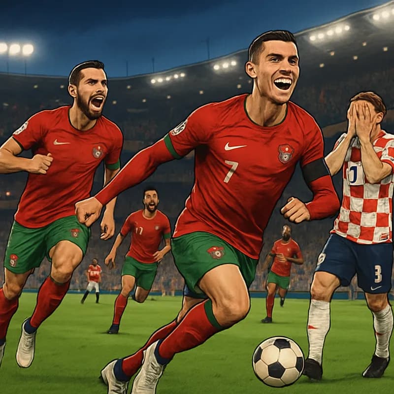 A tense moment in a packed stadium with Portugal's players in their red kits celebrating a goal, while Croatia's players in their checkerboard patterns display frustration. The atmosphere is electric 