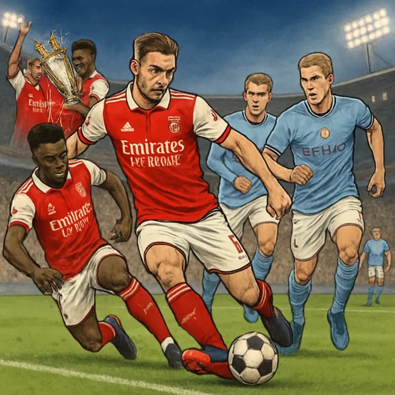 A vibrant stadium scene split between Arsenal and Manchester City. On the left, Arsenal players in red and white celebrate with the Premier League trophy. On the right, Manchester City players in sky 