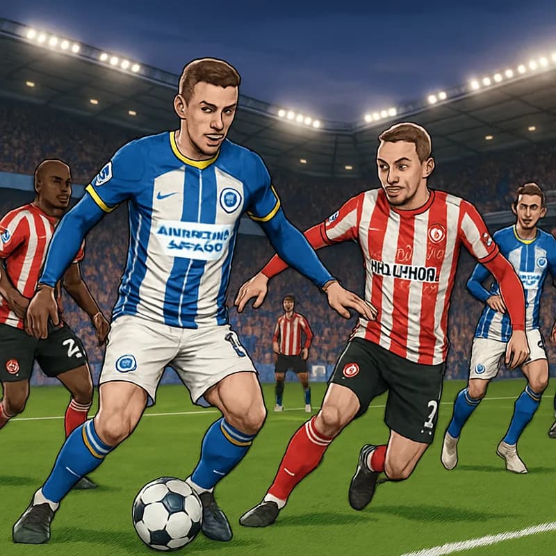 A football stadium at dusk, with two sets of fans in the stands. On the left, Brighton fans in blue and white stripes, on the right, Brentford fans in red and white. On the pitch, players in Brighton'