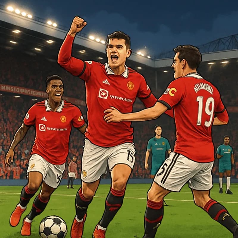 A vibrant scene at Old Trafford during the Manchester United vs Liverpool match, with United players in red jerseys celebrating a goal, surrounded by excited fans in the stands. The atmosphere is elec