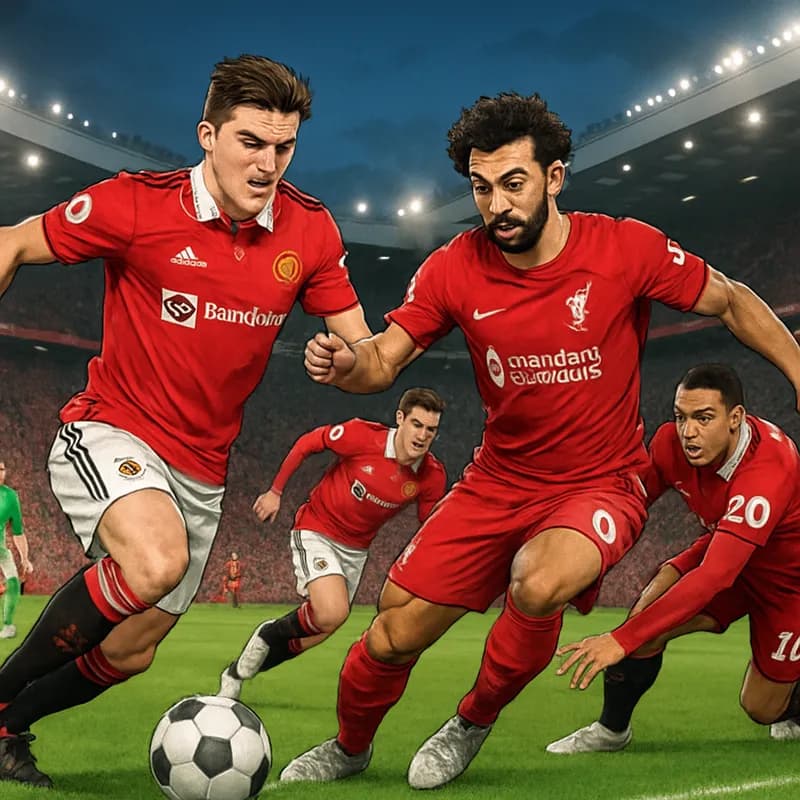 A vibrant scene at Old Trafford, packed with passionate Manchester United fans in red jerseys and Liverpool supporters in their iconic red kits, all eagerly anticipating the match. The green pitch is 