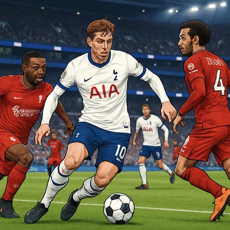 A vibrant scene at Tottenham Hotspur Stadium, with fans in navy blue and white jerseys cheering passionately. The green pitch is lively, with players in action, and the stands filled with supporters c