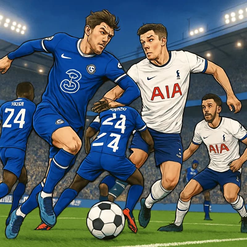 A bustling Premier League stadium filled with fans in vibrant team colors, as players in blue and white kits engage in a corner kick. The atmosphere is electric, with banners waving and a round soccer