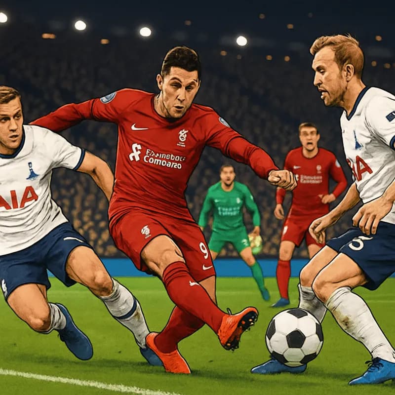 A tense moment at the Tottenham Hotspur Stadium, with fans in navy and white jerseys, celebrating a goal. The green pitch is vibrant under the stadium lights, and players are in action, showcasing the