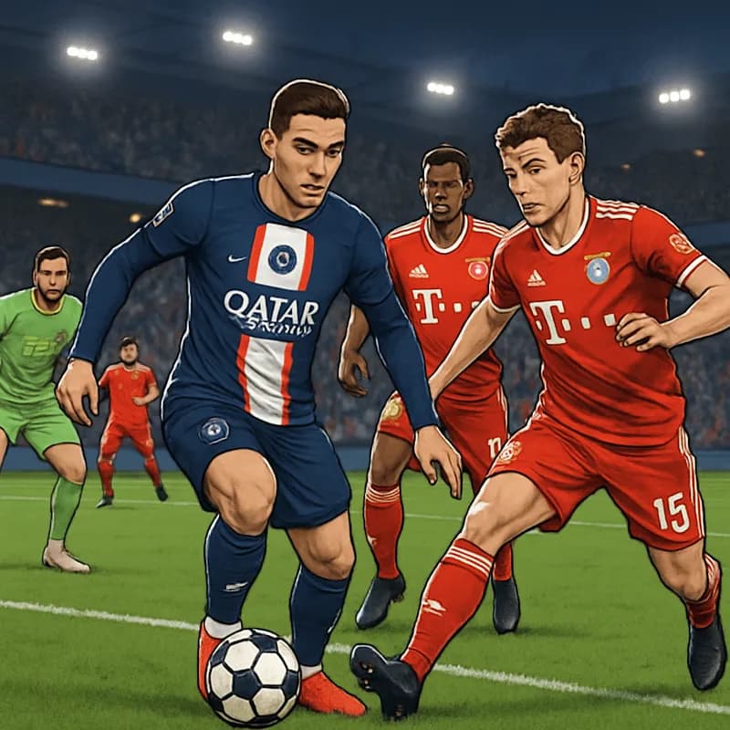 A vibrant scene from the Champions League semi-final featuring PSG in their blue and red home kit and Bayern in their red jerseys, with a packed stadium atmosphere, fans cheering, and a ball in play o