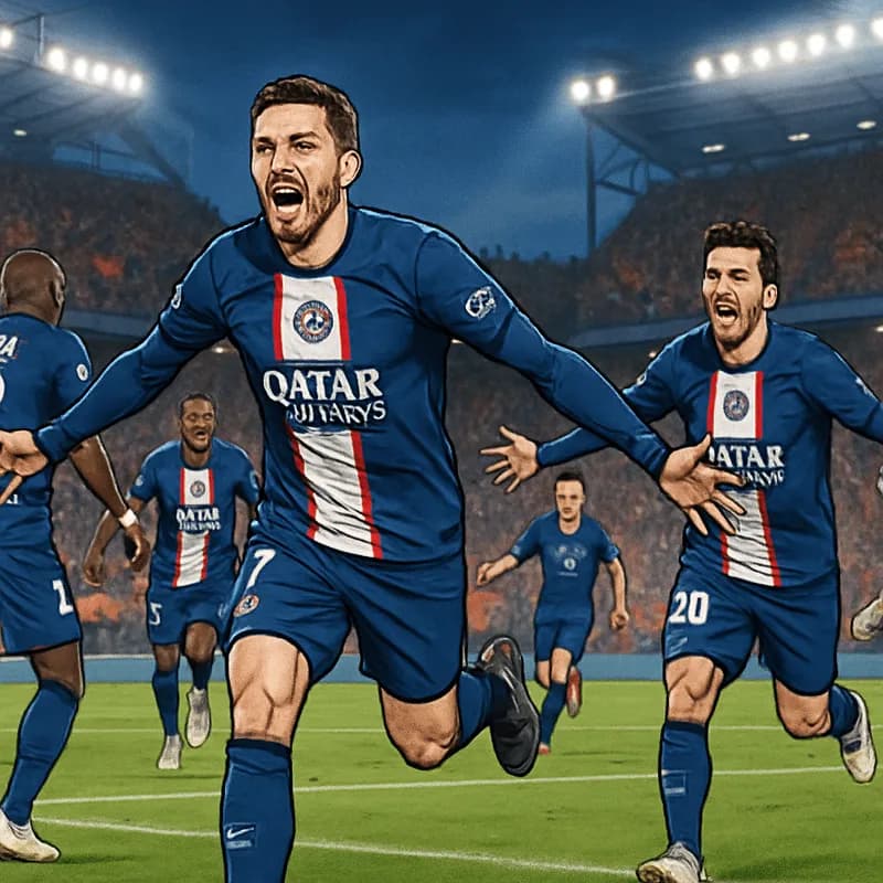 A vibrant scene in a packed stadium, with PSG players in their iconic blue and red kits celebrating a goal. The atmosphere is electric, with fans waving flags and banners, and a green pitch under brig