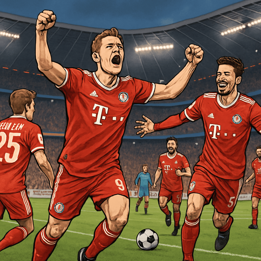 A vibrant scene at the Allianz Arena, with Bayern Munich's players in their red and white kits celebrating a goal. The green pitch is alive with energy, and fans are cheering enthusiastically in the s