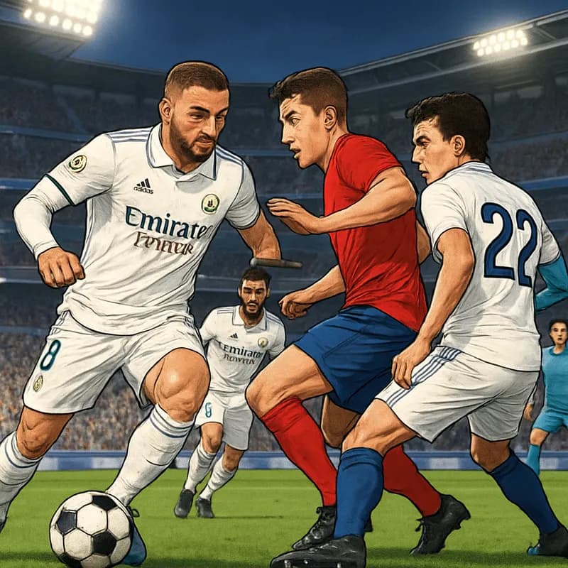 A vibrant match scene at Santiago Bernabéu Stadium, with Real Madrid players in their classic white jerseys. The atmosphere is electric, filled with cheering fans and a green pitch. The focus is on de