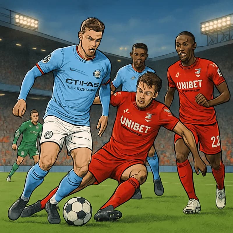 A vibrant scene at a packed stadium with Manchester City's sky blue jerseys and Nottingham Forest's red kits on the pitch, showcasing a thrilling match atmosphere with fans cheering and waving flags.
