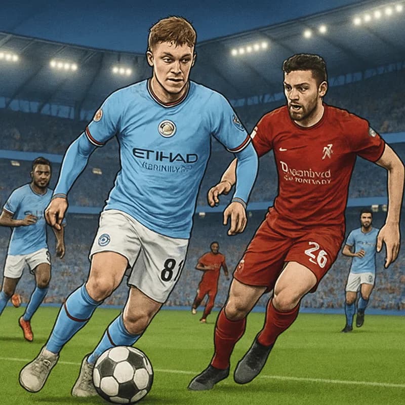 A vibrant scene at the Etihad Stadium, with Elliot Anderson in Manchester City's sky blue kit dribbling the ball on the lush green pitch, surrounded by fans in blue and white. The atmosphere is electr