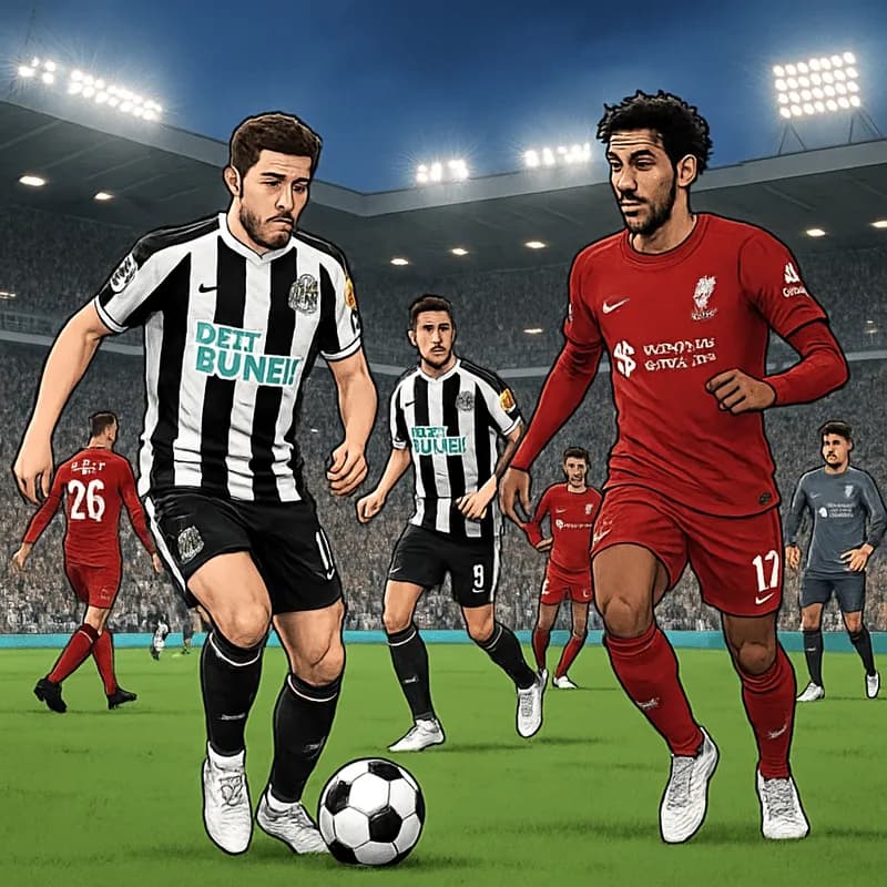 A bustling Premier League stadium filled with fans in Newcastle's black and white stripes and Liverpool's red jerseys, with players warming up on the green pitch under bright floodlights.