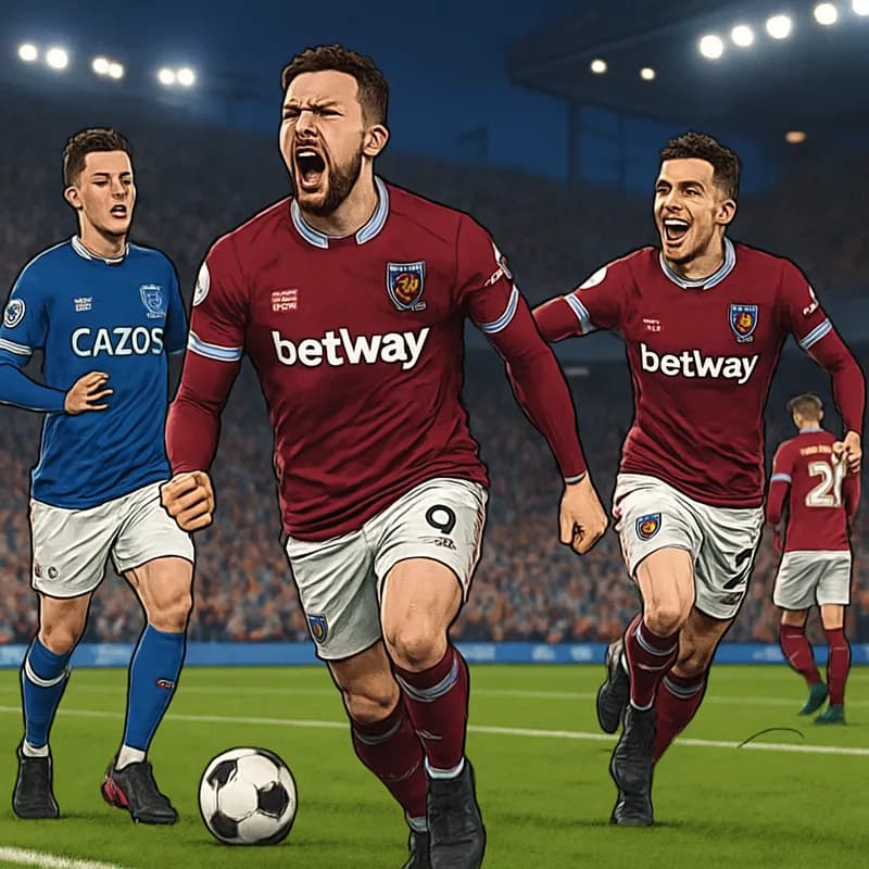 A tense moment during a Premier League match, with West Ham players in claret and blue jerseys celebrating a goal against Everton, while the atmosphere in the stadium is electric, filled with cheering