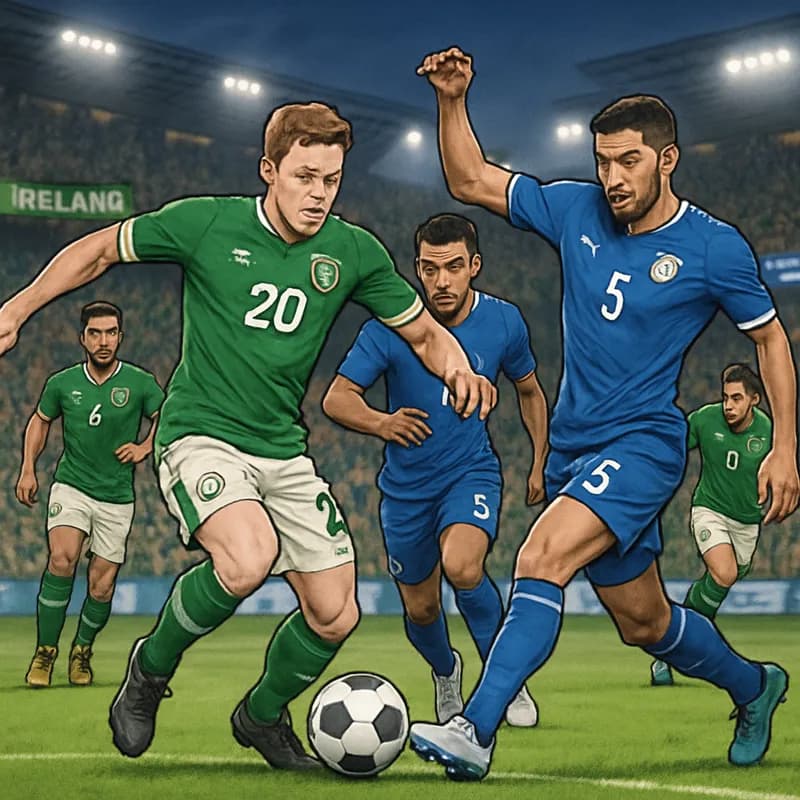 A packed stadium atmosphere with fans in green jerseys for the Republic of Ireland and blue jerseys for Israel, holding banners and flags. The pitch is vibrant and well-maintained, with a soccer ball 