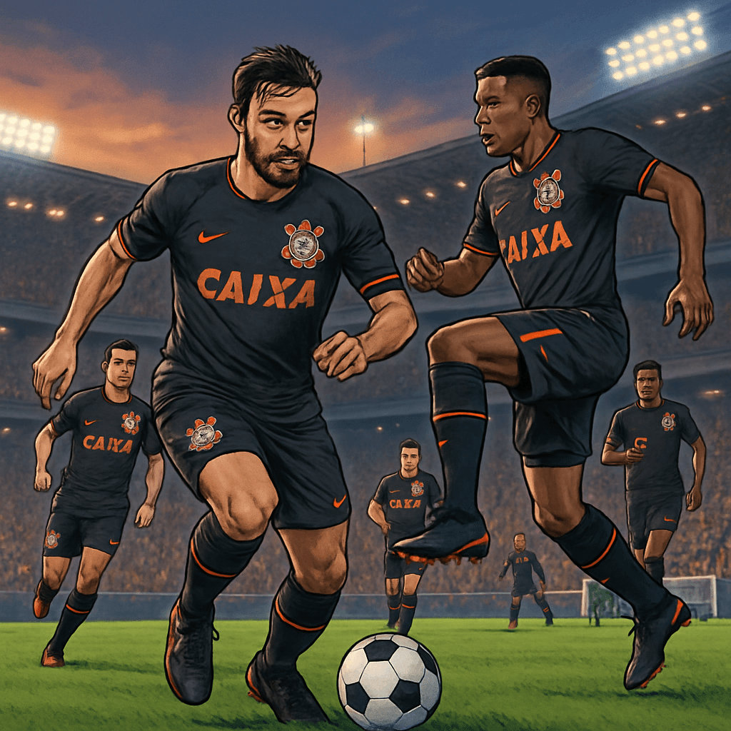 A vibrant scene at a packed stadium as Corinthians players don their sleek black third kit with orange detailing, showcasing a dynamic atmosphere with fans in the stands, cheering passionately. The pi