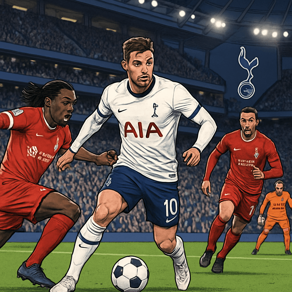 A vibrant scene at Tottenham Hotspur Stadium, with fans in navy and white jerseys cheering passionately. The green pitch is set for a crucial match, with the atmosphere electric as players warm up, sh