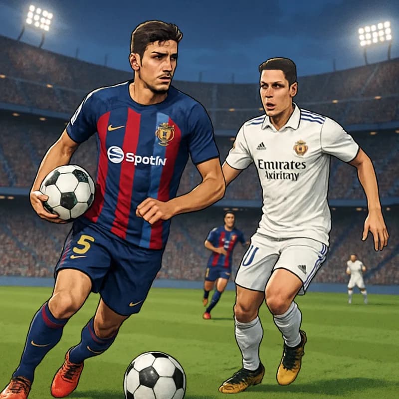 A football stadium scene showing Rodri in Barcelona's iconic blue and garnet jersey holding the ball at the center circle, with the Camp Nou crowd in the background. On the opposite side, a blurred fi