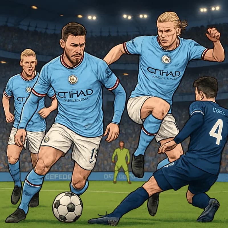 A tense moment at the Etihad Stadium, with Manchester City players in their sky blue kits battling for possession against a backdrop of enthusiastic fans. The pitch is vibrant green, and the atmospher