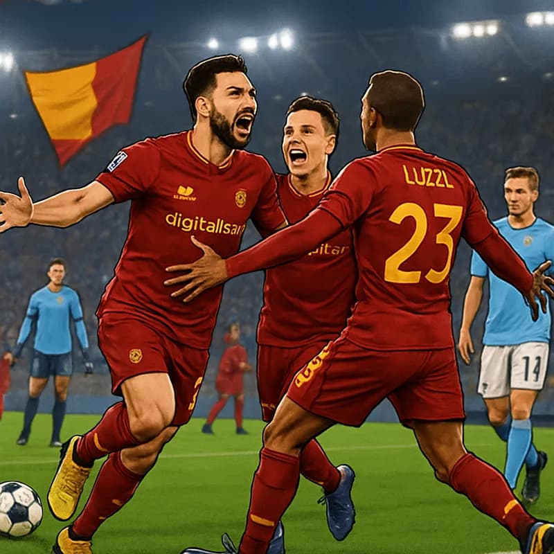 A vibrant scene from the Rome derby at Stadio Olimpico, featuring AS Roma players in their maroon kits celebrating a goal, with Lazio in their sky blue jerseys in the background. The atmosphere is ele