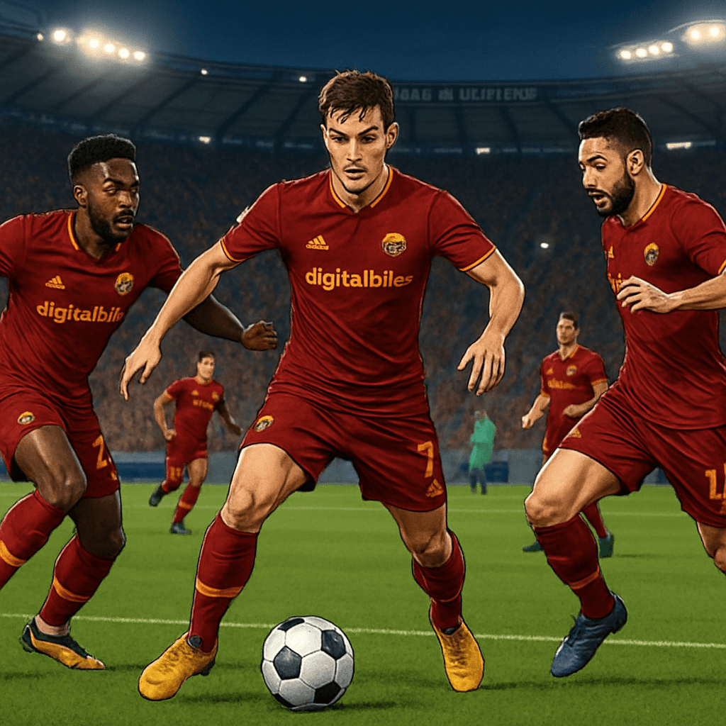 A vibrant scene at the Stadio Olimpico, featuring AS Roma players in their maroon and yellow kits, with fans in the stands cheering passionately. The green pitch is marked with the iconic center circl