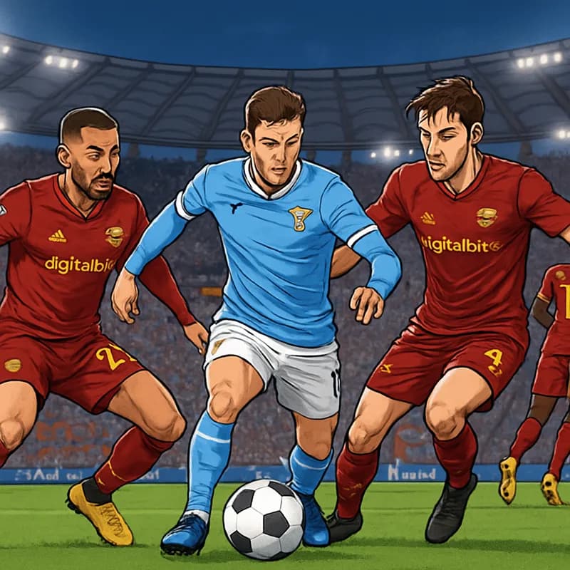 A vibrant scene at the Stadio Olimpico during a match, with Roma players in their deep red and yellow kits battling for possession. The crowd is lively, creating an electric atmosphere with flags wavi