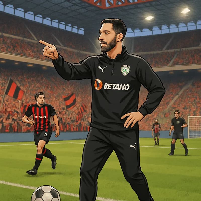 A vibrant scene at the San Siro stadium with AC Milan fans in red and black jerseys, cheering passionately as Ruben Amorim leads a training session on the pitch, surrounded by lush green grass and the