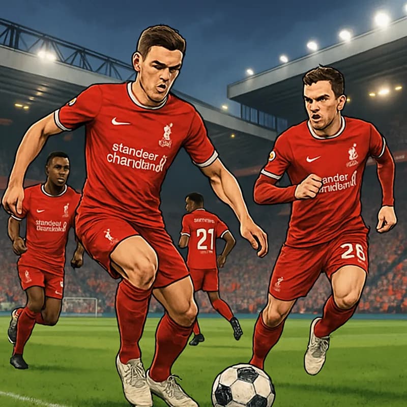 A vibrant scene at Anfield with Liverpool players warming up in their iconic red jerseys. The stadium is packed with fans, creating an electric atmosphere. A soccer ball is in the foreground, symboliz