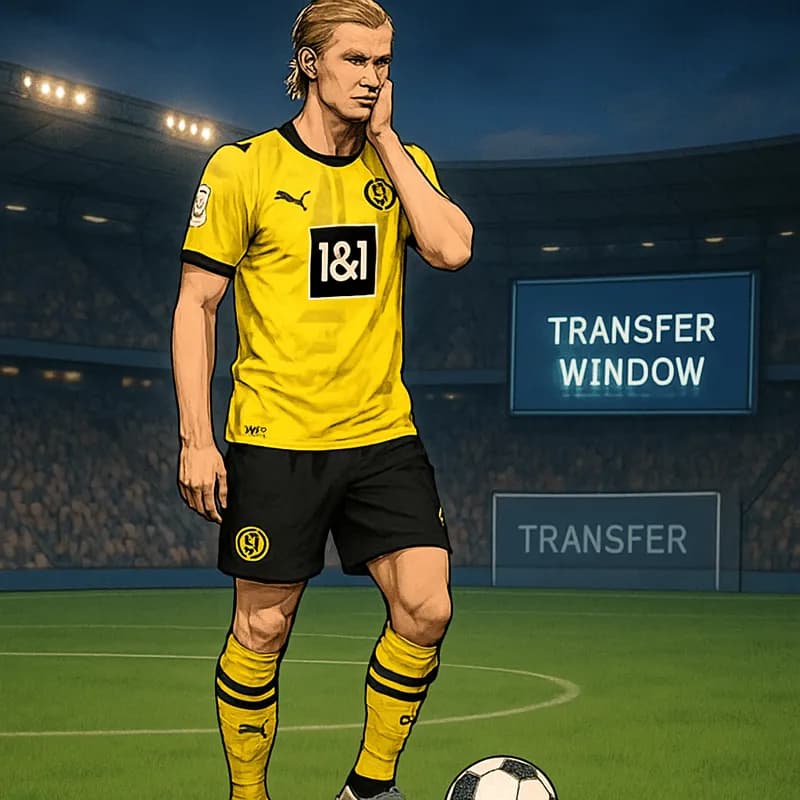 A football stadium at dusk, with a player in a Borussia Dortmund yellow and black kit standing on the pitch, looking thoughtful. In the background, a transfer window graphic is subtly displayed on a s