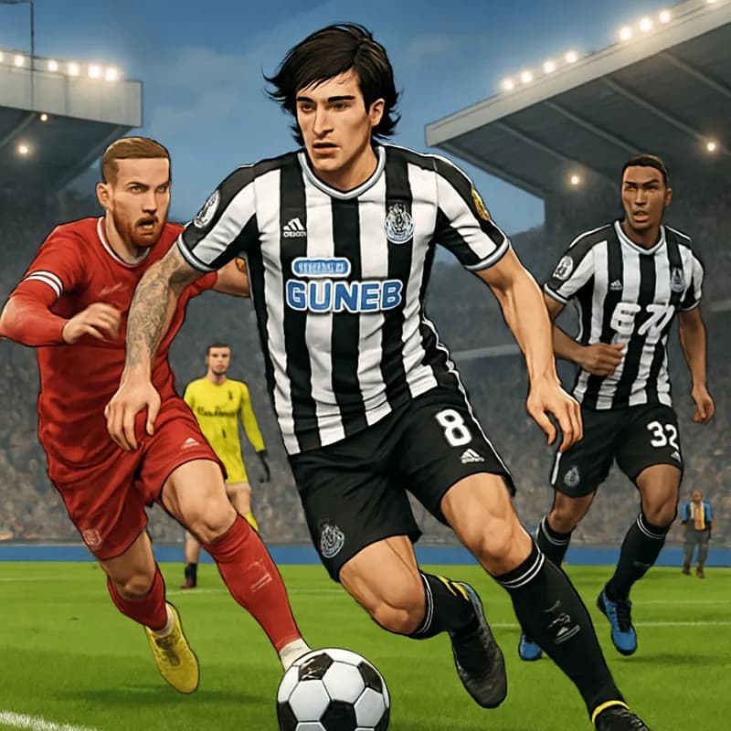 A vibrant scene at St. James' Park, with Sandro Tonali in Newcastle's black and white striped jersey dribbling the ball on the lush green pitch, surrounded by cheering fans. The atmosphere is electric