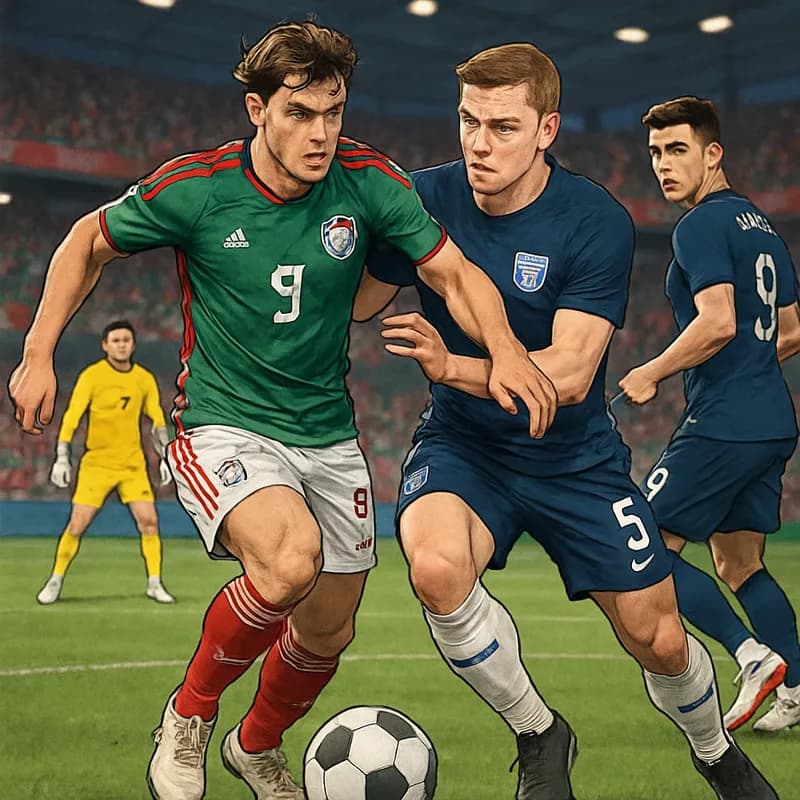 A vibrant stadium scene showcasing Santiago Gimenez in the Mexico national team kit, which features green with red and white details, as he battles for the ball against England players in their navy b